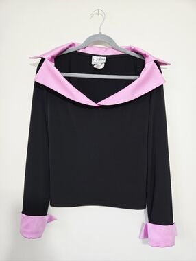 Vintage Josef Ribkoff Black Top with Pink Satin Fold Over Collar and Cuffs  14